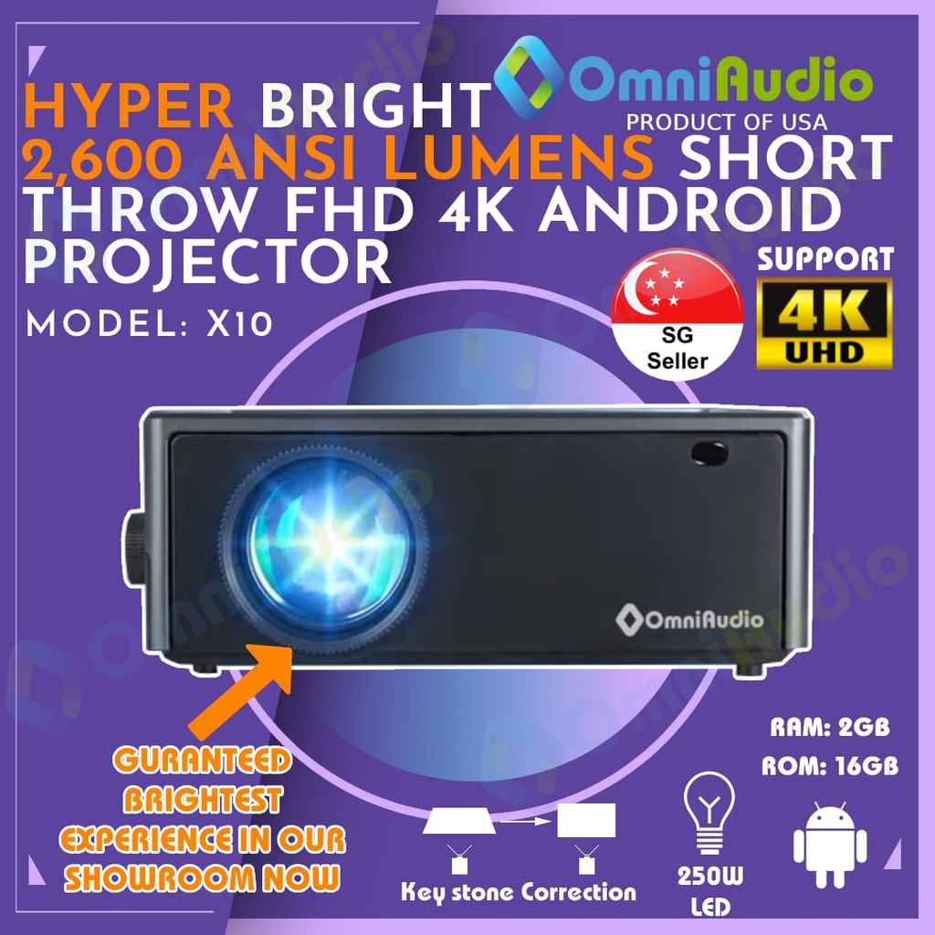 OmniAudio X10 FHD Brightest Short Throw Android Projector (30,000 Lumens | 2,600 ANSI Lumens)