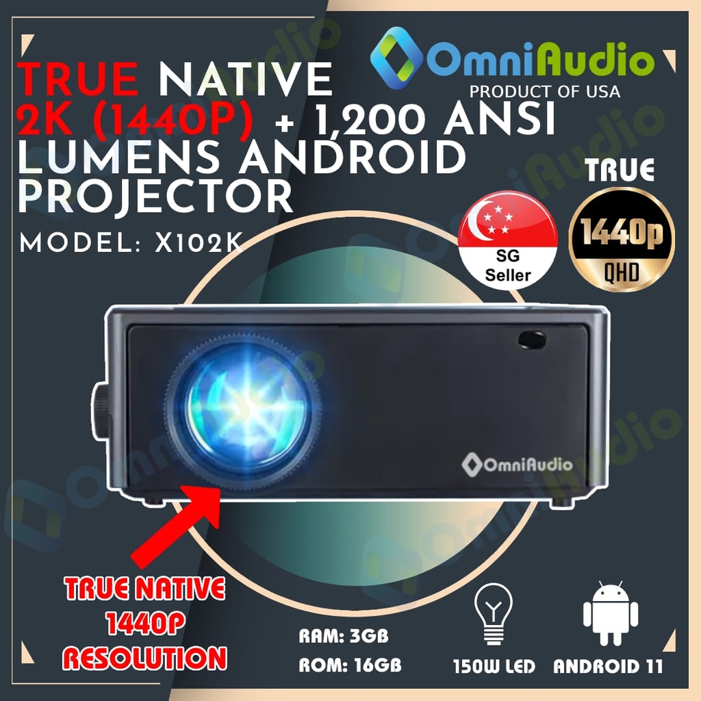 OmniAudio X102K  2K Show Throw Android Projector (14,000 Lumens | 1,200 ANSI Lumens)