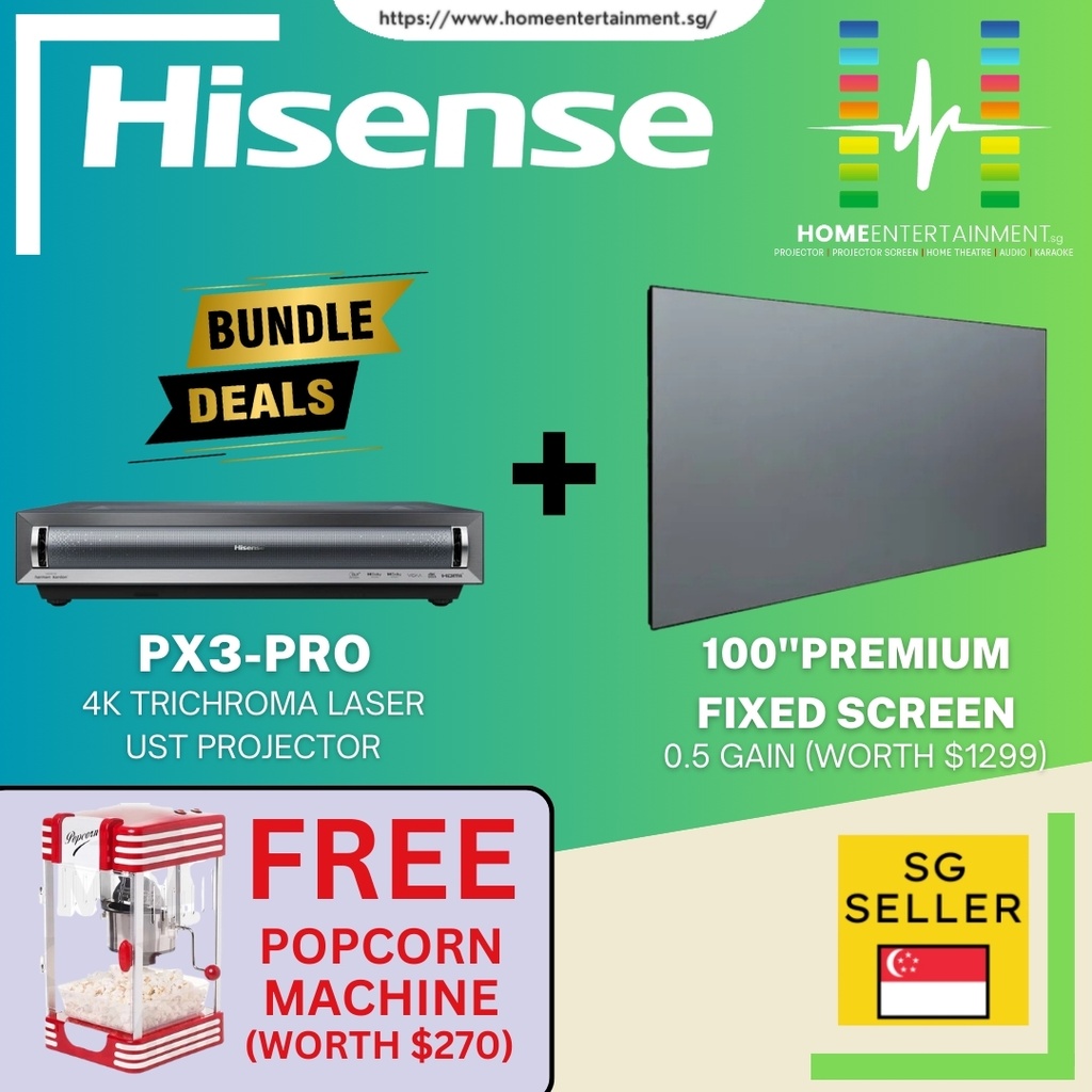 [BUNDLE DEAL] Hisense PX3-PRO TriChroma Triple Laser 4K Ultra Short Throw Projector For Home Cinema 3000 ANSI Lumens + OmniSCREEN 100-Inch Premium Fixed Screen