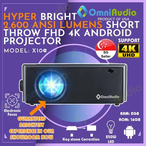 OmniAudio X10e FHD Brightest Short Throw Android Projector (30,000 Lumens | 2,600 ANSI Lumens)