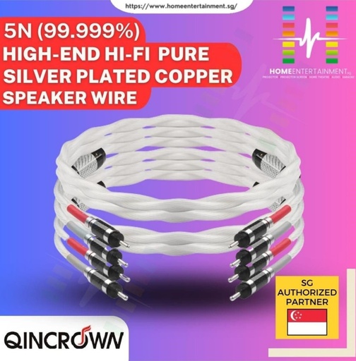 QinCrown 5N 99.999% Pure Silver Plated Copper Speaker Wire w Rodium Carbon Fibre Banana Plugs (1 Pair)